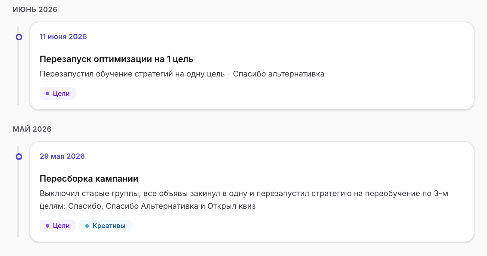 Лента журнала изменений: записи «11 июня 2026 — Перезапуск оптимизации на 1 цель» с тегом «Цели» и «29 мая 2026 — Пересборка кампании» с тегами «Цели» и «Креативы».